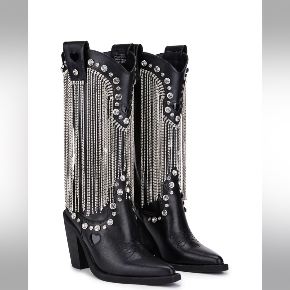 Dolls Kill Black and Silver Rhinestone Fringe Heeled Cowboy Boots